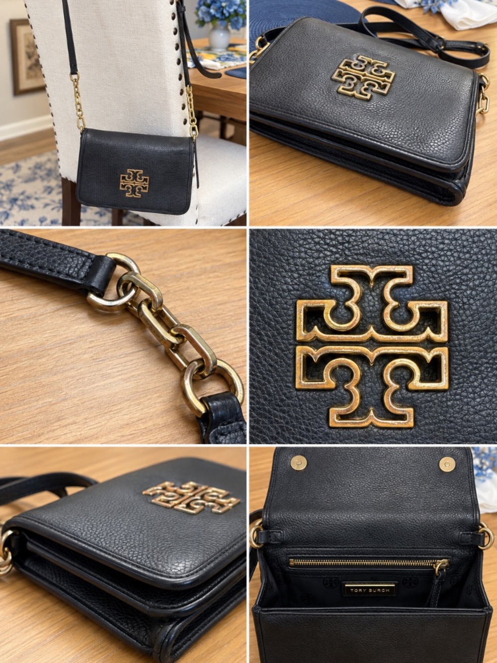 Tory Burch Britten Black Pebbled Leather Shoulder Bag – Gold Double T Hardware